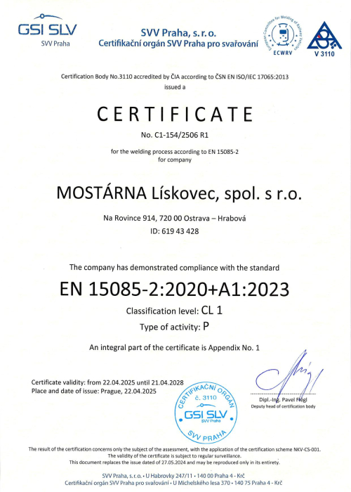 SVV Certificate EN 15085-2 CL1